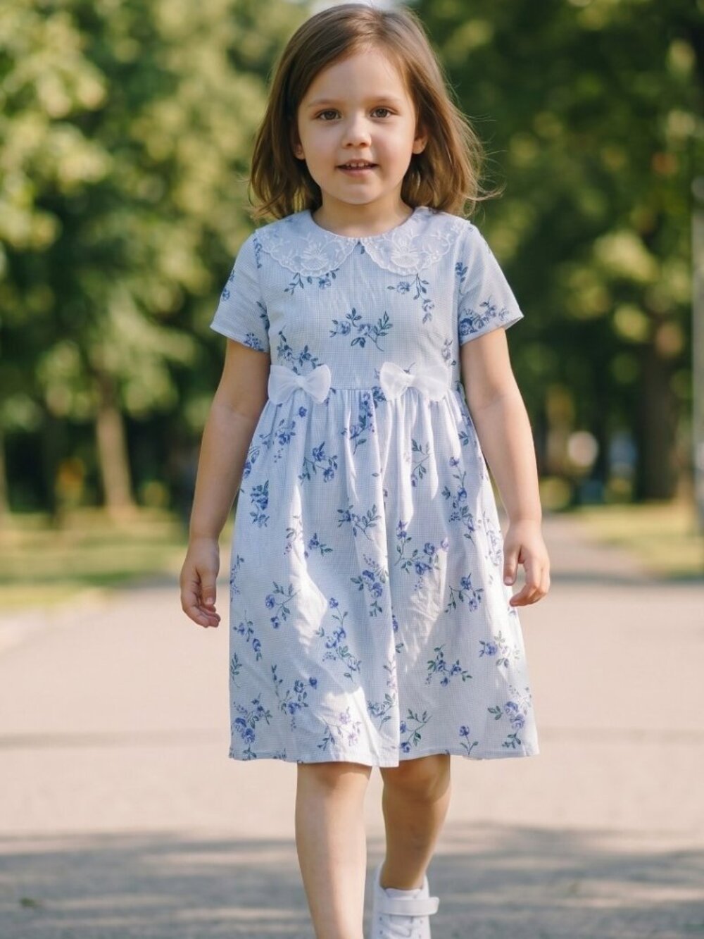 VTG Girls Floral Dress Sz 3T Blue White Lace‎ Collar Tie Back Okie Dokie